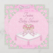 対の女の子、クッションおよびローズピンクのベビーシャワー 招待状 (正面/裏面)