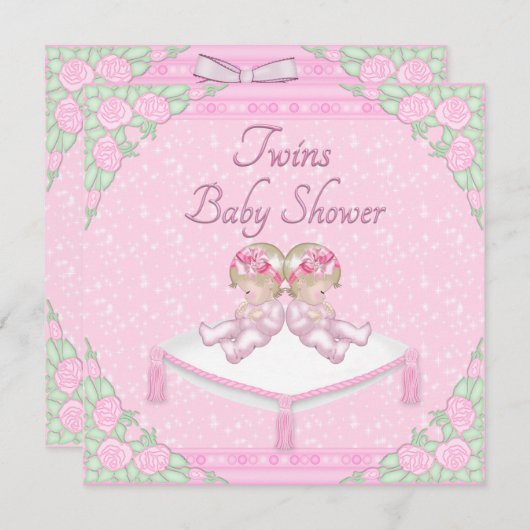 対の女の子、クッションおよびローズピンクのベビーシャワー 招待状 (正面/裏面)