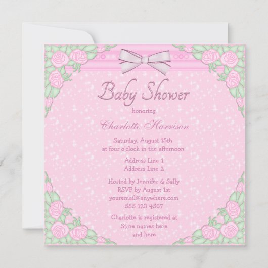 対の女の子、クッションおよびローズピンクのベビーシャワー 招待状 (裏面)
