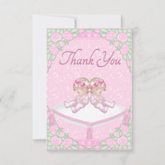 対の女の子、クッションおよびローズピンクは感謝していしています サンキューカード (正面)