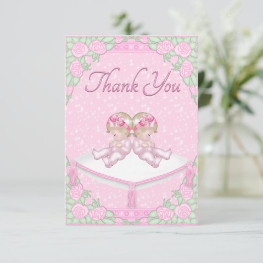 対の女の子、クッションおよびローズピンクは感謝していしています サンキューカード (スタンド正面)