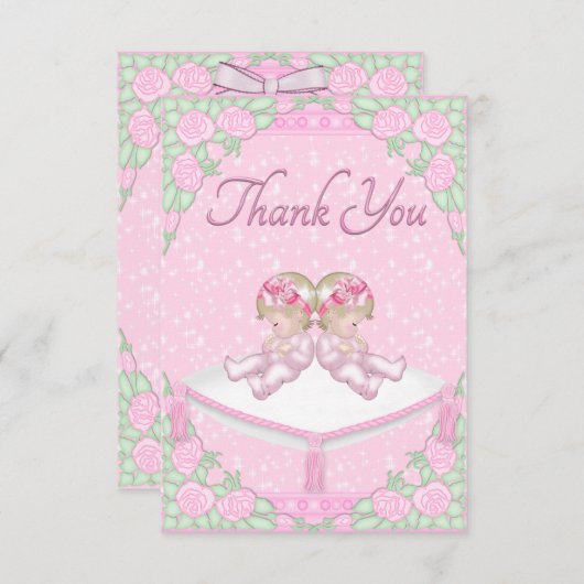 対の女の子、クッションおよびローズピンクは感謝していしています サンキューカード (正面/裏面)