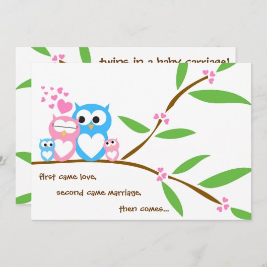 対の女の赤ちゃんおよび男の子のフクロウのベビーシャワーの招待状 招待状 (正面/裏面)