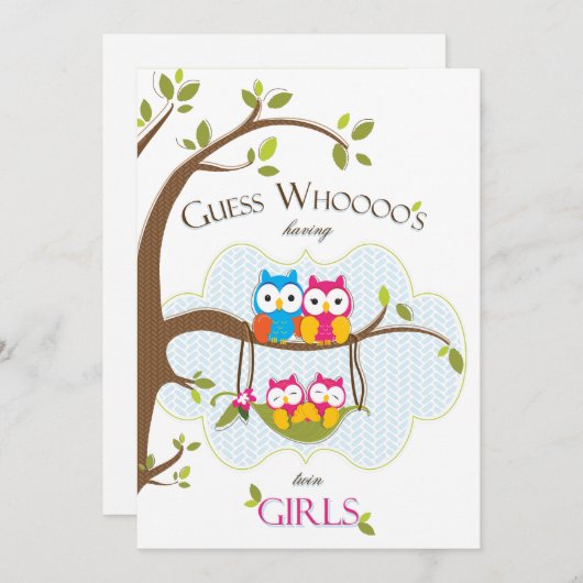 対の女の赤ちゃんのシャワーの招待状-フクロウ家族 招待状 (正面/裏面)