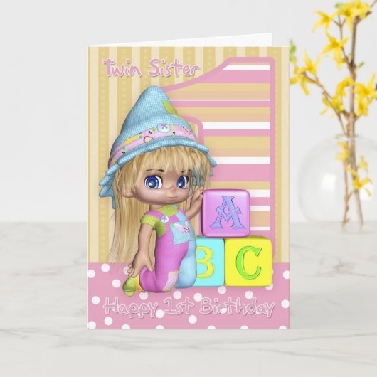 対の姉妹のかわいい女の子が付いている第1バースデー・カード カード (黄色い花)