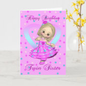 対の姉妹のバースデー・カードの-ピンクおよび青いポルカは カード (黄色い花)