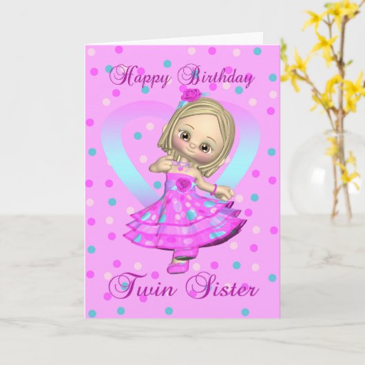 対の姉妹のバースデー・カードの-ピンクおよび青いポルカは カード (黄色い花)