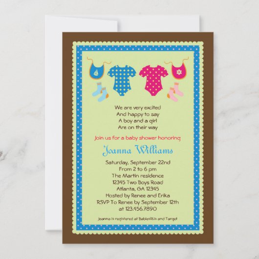 対の男の子および女の子のベビーシャワーの招待状 招待状 (正面)