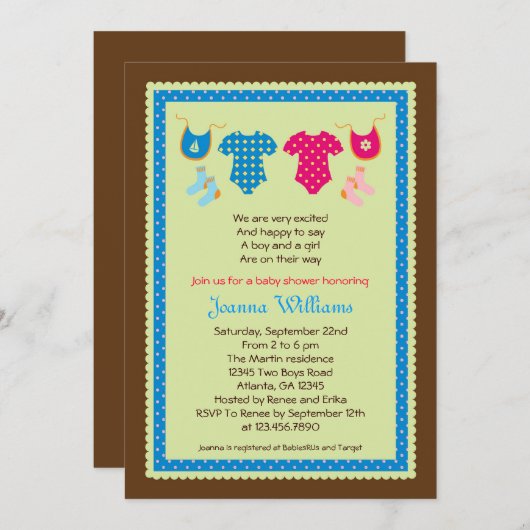対の男の子および女の子のベビーシャワーの招待状 招待状 (正面/裏面)