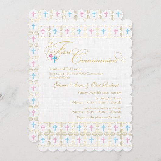 対の男の子および女の子の最初聖餐の招待状 招待状 (正面/裏面)