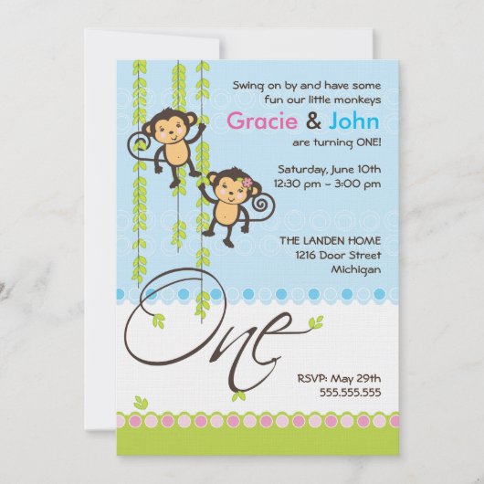 対の男の子および女の子の最初誕生日の招待状 招待状 (正面)