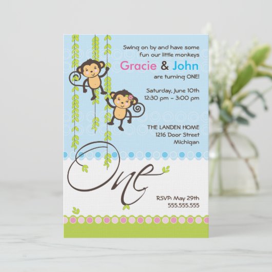 対の男の子および女の子の最初誕生日の招待状 招待状 (スタンド正面)