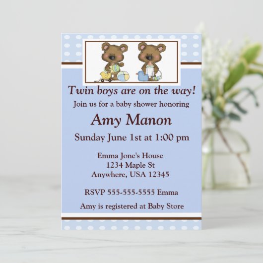 対の男の子くまの名前入りなベビーシャワーの招待 招待状 (スタンド正面)