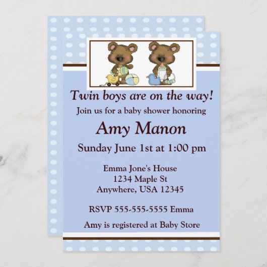対の男の子くまの名前入りなベビーシャワーの招待 招待状 (正面/裏面)