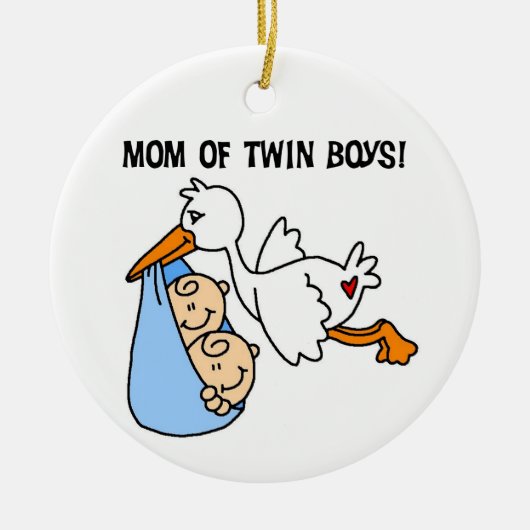 対の男の子のお母さんのこうのとりのギフト セラミックオーナメント (正面)