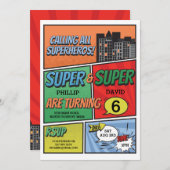 対の男の子のスーパーヒーローの招待状のパーティーの招待 招待状 (正面/裏面)