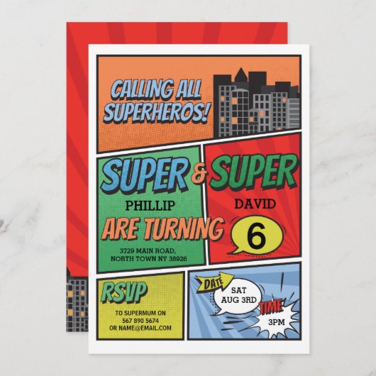 対の男の子のスーパーヒーローの招待状のパーティーの招待 招待状 (正面/裏面)