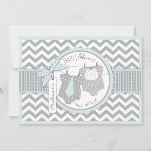 対の男の子のタイのちょうネクタイのシェブロンのプリントのベビーシャワー 招待状 (正面)