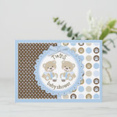 対の男の子のテディー・ベアのタイのベビーシャワー 招待状 (スタンド正面)