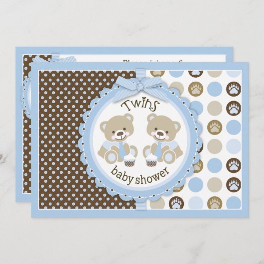 対の男の子のテディー・ベアのタイのベビーシャワー 招待状 (正面/裏面)