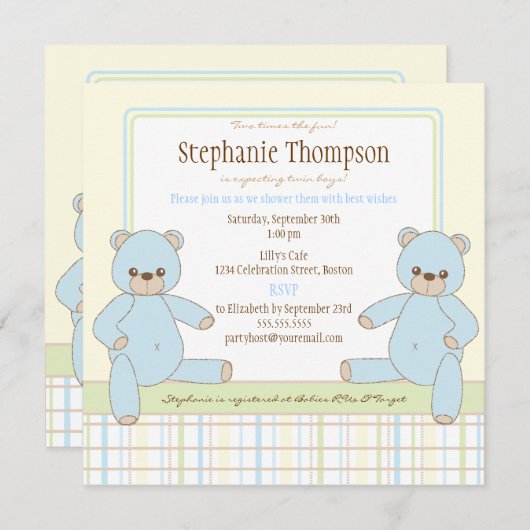 対の男の子のテディー・ベアのベビーシャワーの招待状 招待状 (正面/裏面)