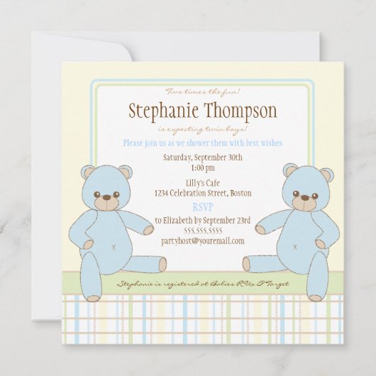 対の男の子のテディー・ベアのベビーシャワーの招待状 招待状 (正面)