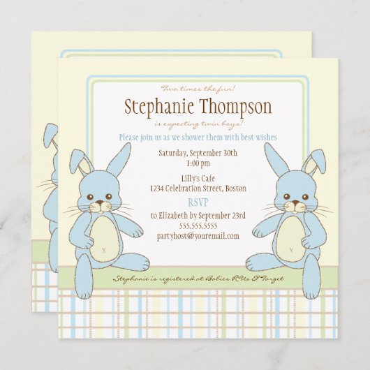 対の男の子のバニーウサギのベビーシャワーの招待状 招待状 (正面/裏面)