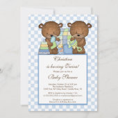 対の男の子のベビーシャワーの招待状は青に耐えます 招待状 (正面)