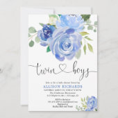 対の男の子のベビーシャワー海軍緑の花柄 招待状 (正面)