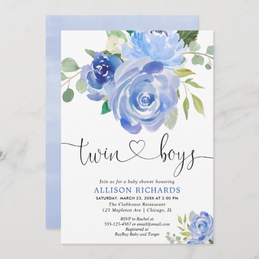 対の男の子のベビーシャワー海軍緑の花柄 招待状 (正面/裏面)