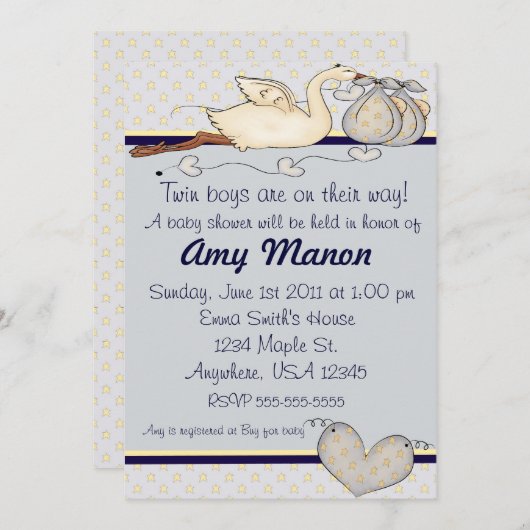 対の男の子のベビーシャワー 招待状 (正面/裏面)