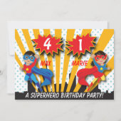 対の男の子の女の子のスーパーヒーローの誕生日 招待状 (正面)
