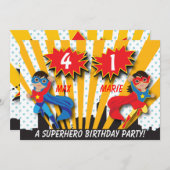 対の男の子の女の子のスーパーヒーローの誕生日 招待状 (正面/裏面)