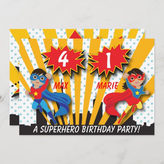 対の男の子の女の子のスーパーヒーローの誕生日 招待状 (正面/裏面)