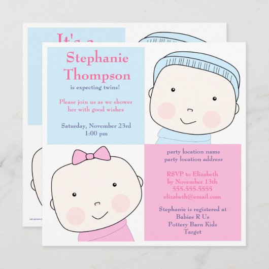 対の男の子の女の子の青いピンクのベビーシャワーの招待状 招待状 (正面/裏面)