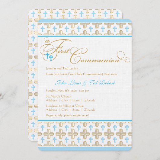 対の男の子の最初聖餐の招待状 招待状 (正面/裏面)