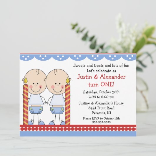 対の男の子の最初誕生日 招待状 (スタンド正面)