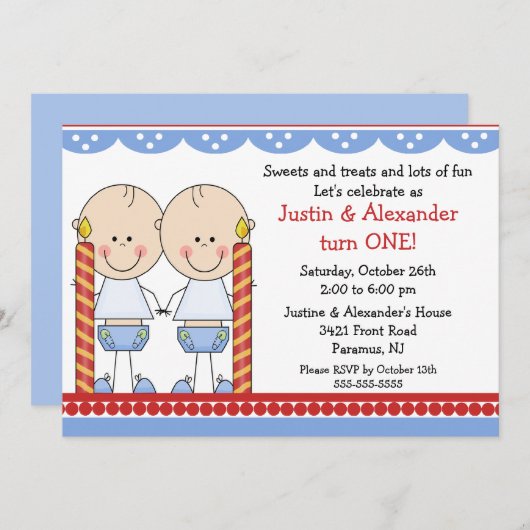 対の男の子の最初誕生日 招待状 (正面/裏面)
