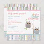 対の男の子及び女の子のベビーのフクロウのピンク及び青色児のシャワー 招待状 (正面/裏面)