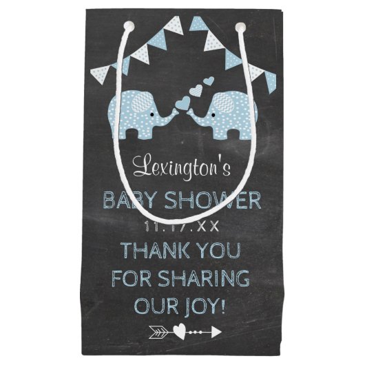 対の男の子青い象のベビーシャワーは感謝していしています スモールペーパーバッグ (正面)