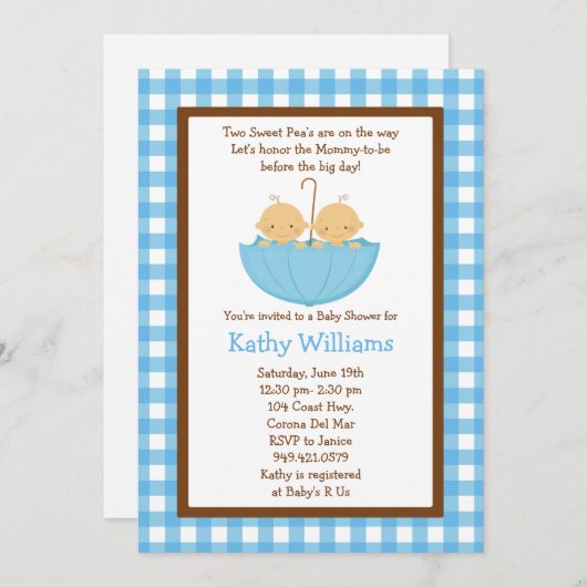 対の男の赤ちゃんのシャワーの招待状 招待状 (正面/裏面)