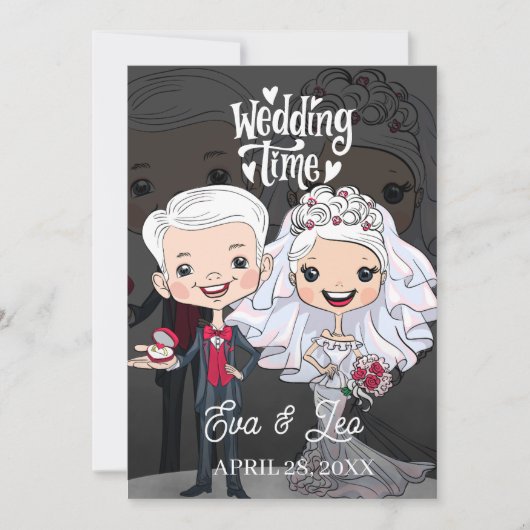 対モダン図解入りの、写真付きの結婚式招待状 セーブザデート (正面)