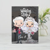 対モダン図解入りの、写真付きの結婚式招待状 セーブザデート (スタンド正面)