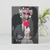 対モダン図解入りの、写真付きの結婚式招待状 セーブザデート (スタンド正面)