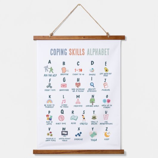 対処スキルアルファベット、メンタルヘルス、カラフル 吊り下げ型タペストリー (正面)