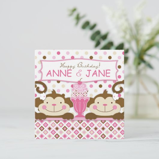 対猿及びアイスクリームのサンデーの誕生日 カード (スタンド正面)