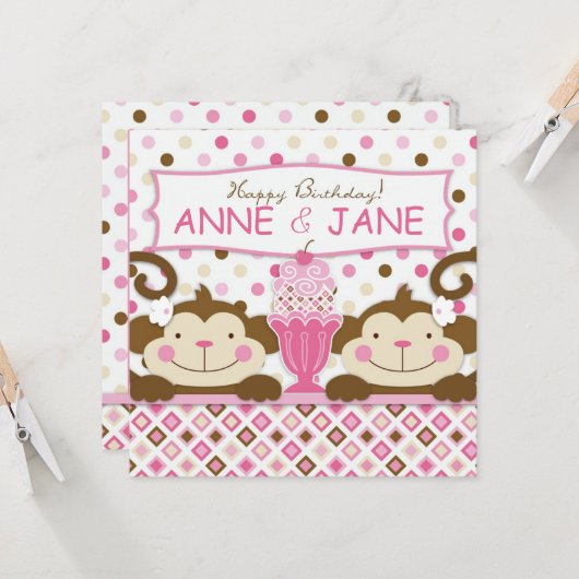 対猿及びアイスクリームのサンデーの誕生日 カード (正面/裏面インサイチュ)