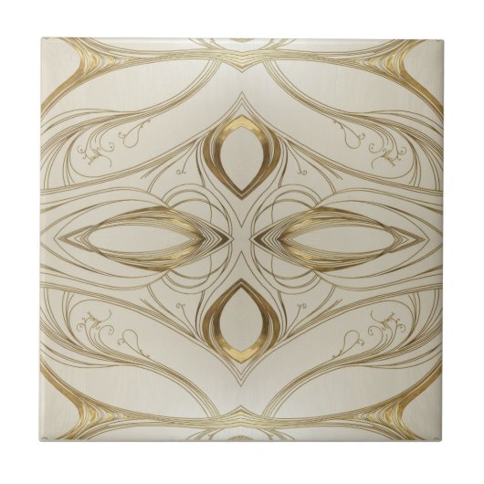 対称アールヌーボー金ゴールドとベージュのパターン タイル (正面)