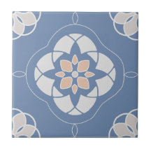 対称オレンジ色の花タイル模様（青）
