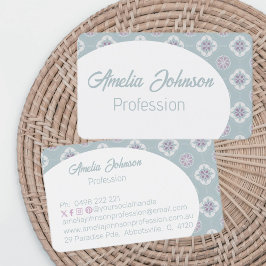 対称ピンクの花タイル模様セージ反転 名刺